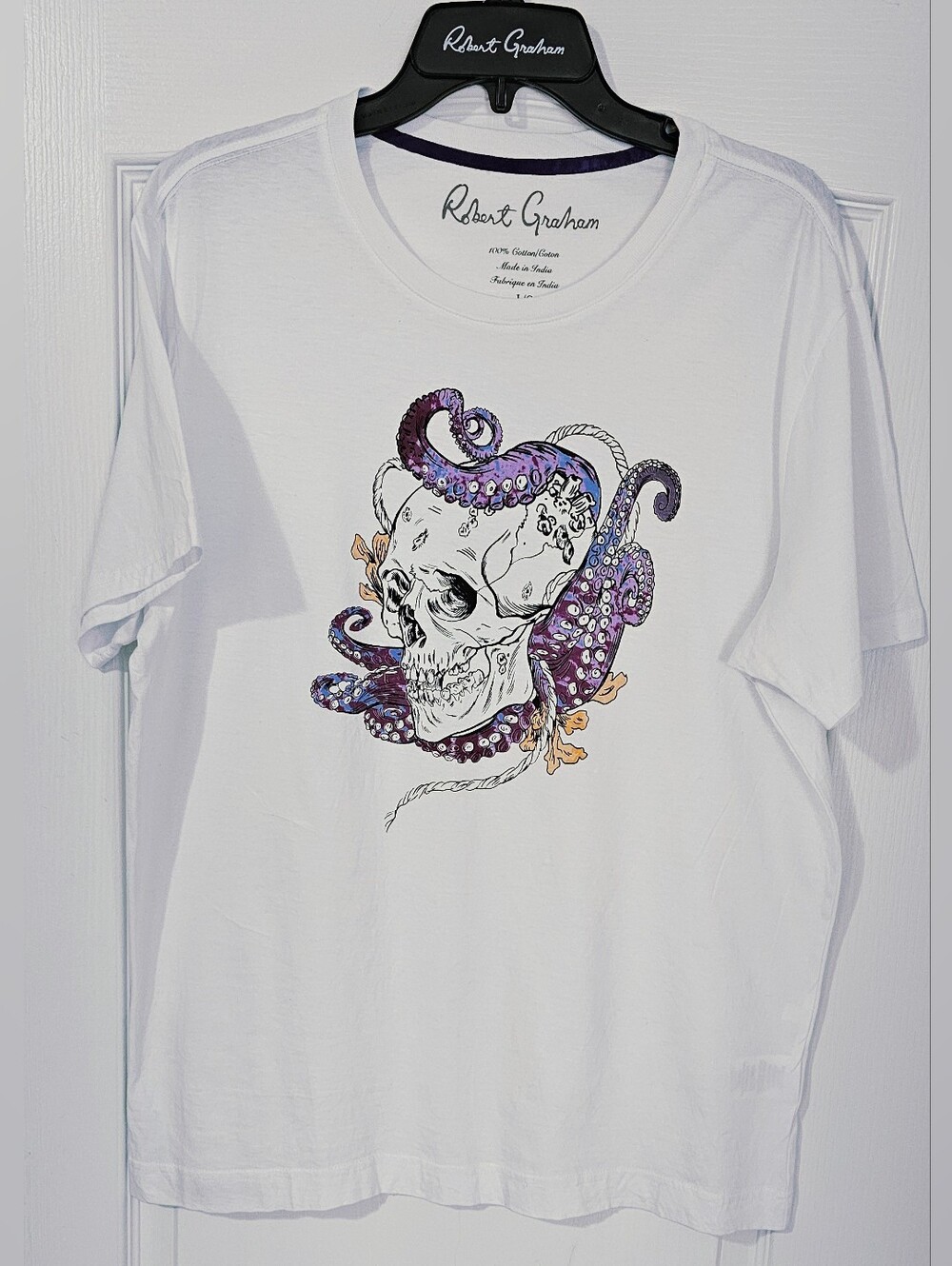 Robert Graham White Tee with Purple Octopus Skull Graphic